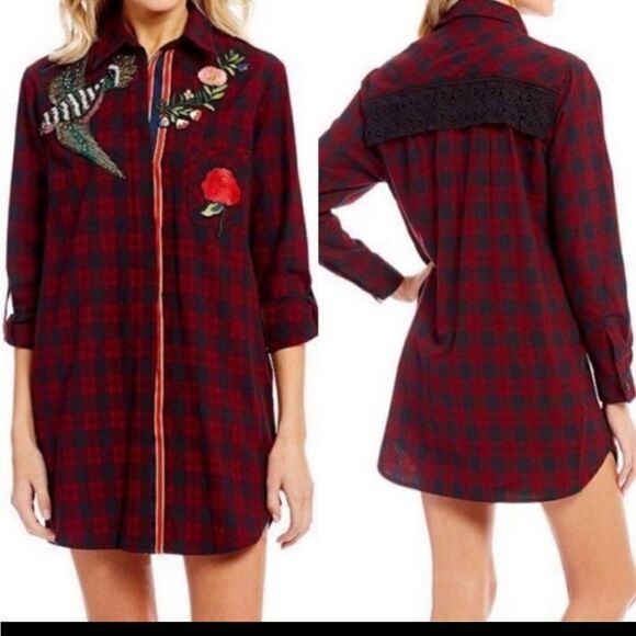 Sam Edelman Shirt Red Plaid  Patch Embellished Plaid Sacket - Picture 1 of 9